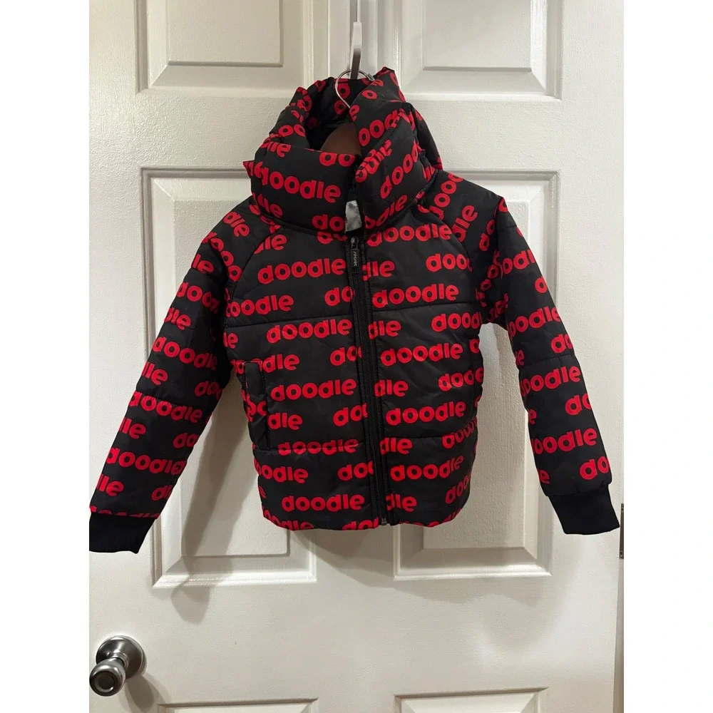 Secret Scientist Doodle Puffer Jacket Kids Black Red Logo Hooded Zip Up Coat -4T